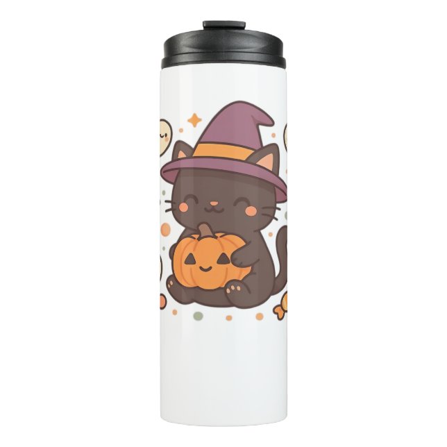 Cute Black Cat with Witch Hat – Kawaii Halloween A Thermal Tumbler (Front)