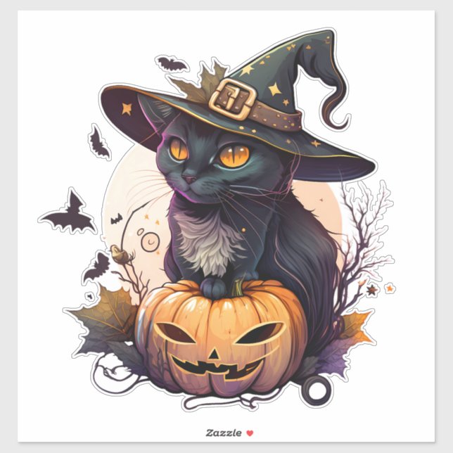 Cute Black Cat with Wizards Hat Pumpkin and Bats (Sheet)