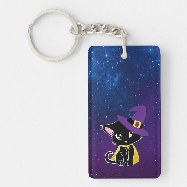 Cute Black Cat Wizard Under the Stars Keychain (Front)