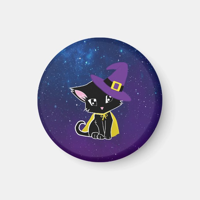 Cute Black Cat Wizard Under the Stars Keychain Magnet (Front)