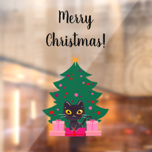 Cute Black Cat & XmasTree Merry Christmas Text  Window Cling