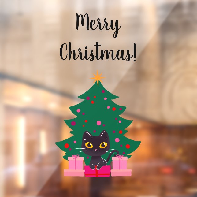 Cute Black Cat & XmasTree Merry Christmas Text  Window Cling (Sheet 2)