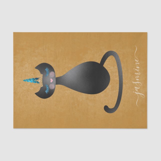 Cute Black Caticorn Gold Monogram Script Name Tissue Paper (Front)