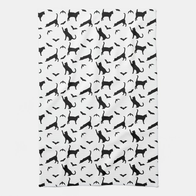 Cute Black Cats And Bats Pattern Fun Halloween Tea Towel (Vertical)