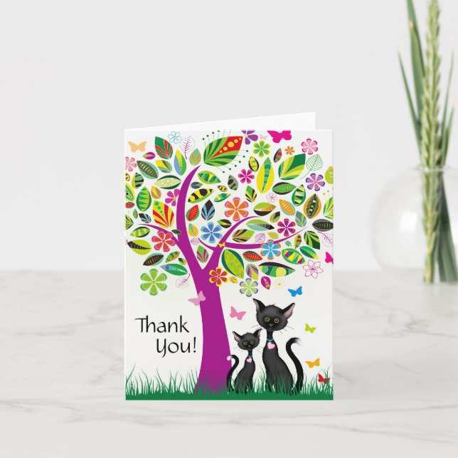 Cute Black Cats and Colorful Flower Tree Thank You (Front)