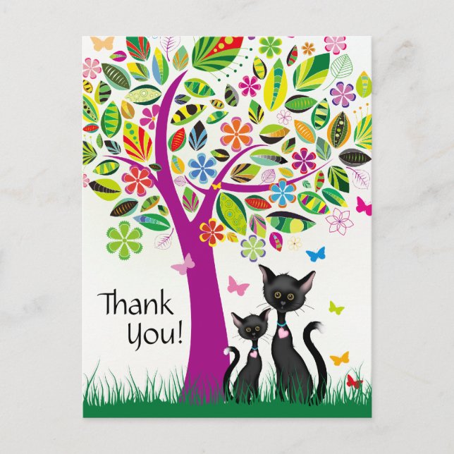 Cute Black Cats and Colourful Flower Tree Thank Yo Postcard (Front)