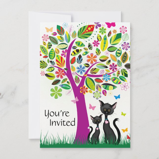 Cute Black Cats and Flower Tree Baby Shower Invitation (Front)