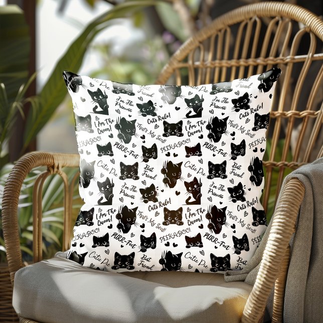 Cute Black Cats and Sayings Pattern Cushion (Cute Black Cats and Sayings with Hearts Pattern for Cat Lovers and Halloween Throw Pillow)