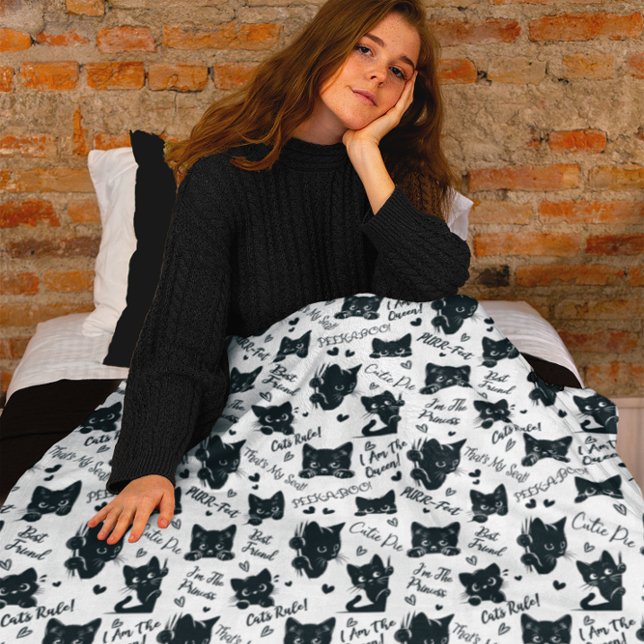 Cute Black Cats and Sayings Pattern Fleece Blanket (Cute Black Cats and Sayings | Hearts Pattern Wrapping Paper for Cat Lovers |Halloween Fleece Blanket)