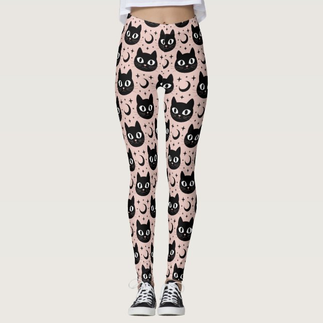 Cute Black Cats & Celestial Halloween Leggings (Front)