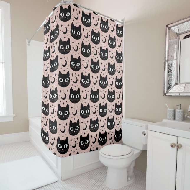 Cute Black Cats & Celestial Halloween Shower Curtain (In Situ)