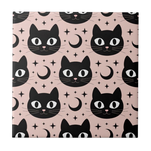 Cute Black Cats & Celestial Halloween Tile (Front)