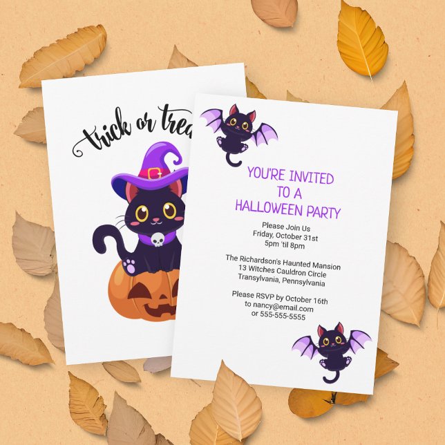 Cute Black Cats Custom Halloween Party Invitation (Front and Back View)