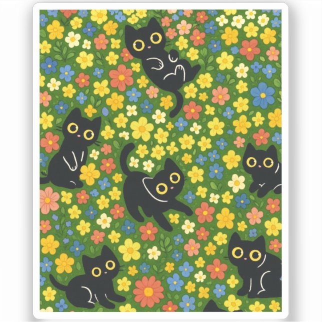 Cute Black Cats Floral Meadow Pattern (Front)