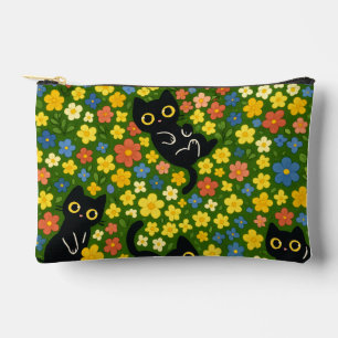 Cute Black Cats Floral Meadow Pattern Accessory Pouch