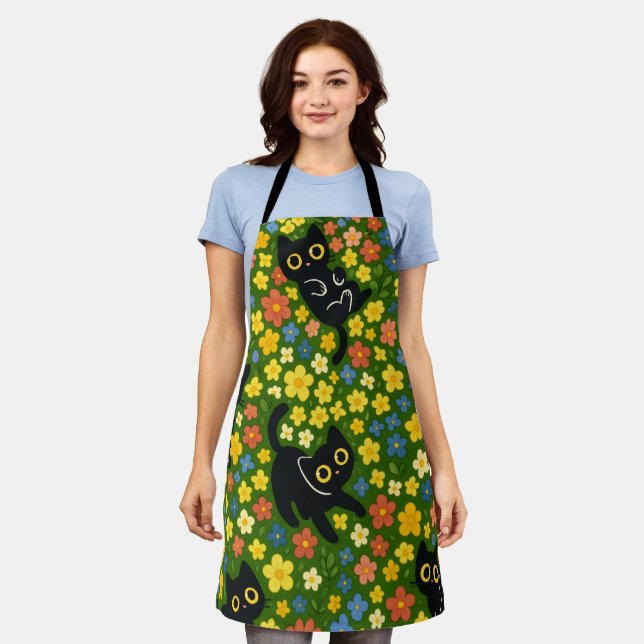 Cute Black Cats Floral Meadow Pattern Apron (Worn)