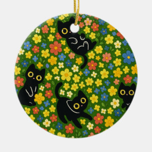 Cute Black Cats Floral Meadow Pattern Ceramic Tree Decoration