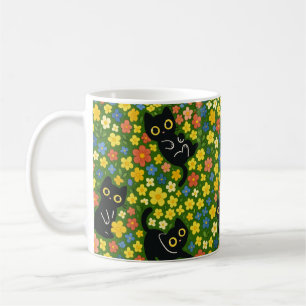 Cute Black Cats Floral Meadow Pattern Coffee Mug