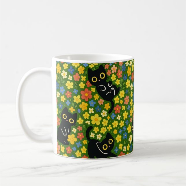 Cute Black Cats Floral Meadow Pattern Coffee Mug (Left)