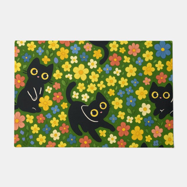 Cute Black Cats Floral Meadow Pattern Doormat (Front)