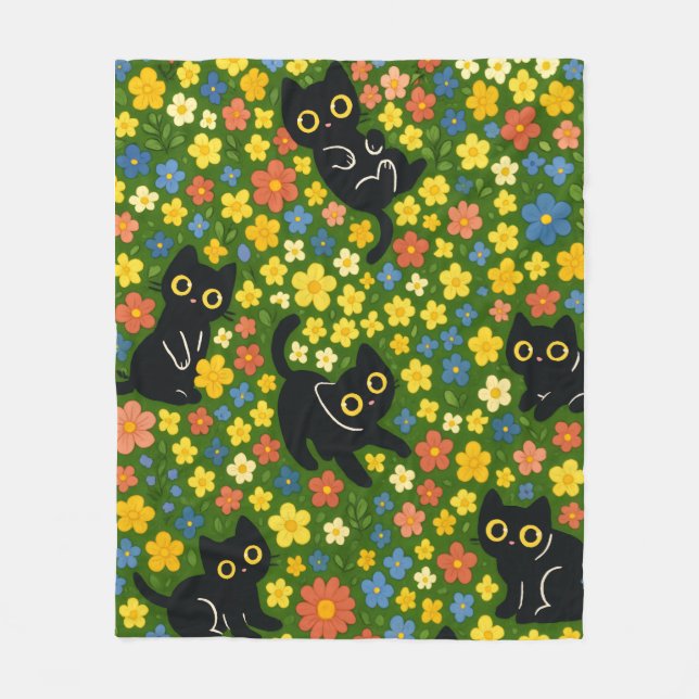 Cute Black Cats Floral Meadow Pattern Fleece Blanket (Front)