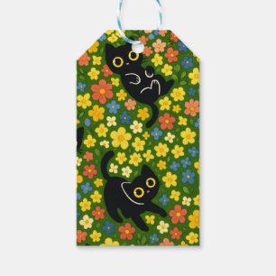 Cute Black Cats Floral Meadow Pattern Gift Tags