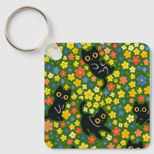 Cute Black Cats Floral Meadow Pattern Key Ring
