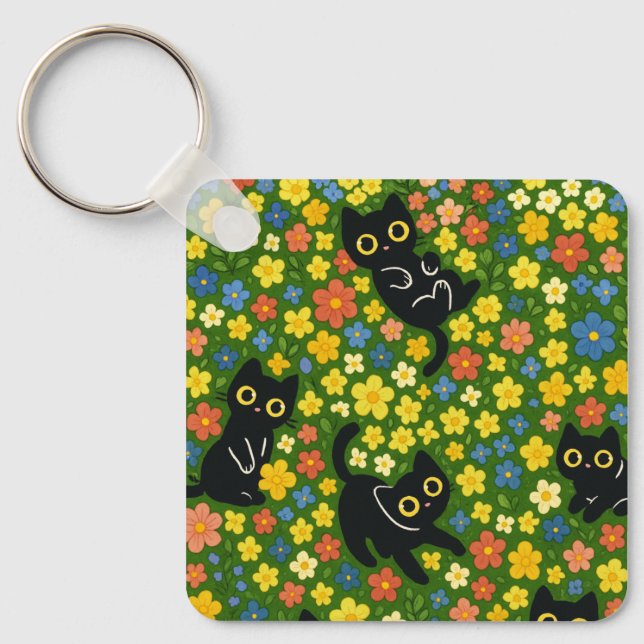Cute Black Cats Floral Meadow Pattern Key Ring (Front)