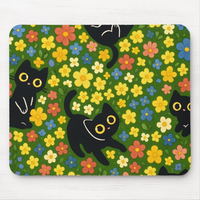 Cute Black Cats Floral Meadow Pattern Mouse Mat (Front)
