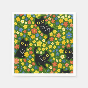 Cute Black Cats Floral Meadow Pattern Napkin