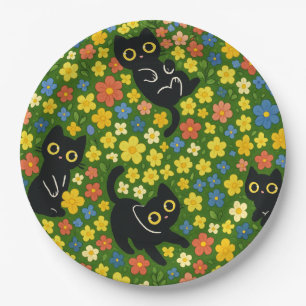 Cute Black Cats Floral Meadow Pattern Paper Plate