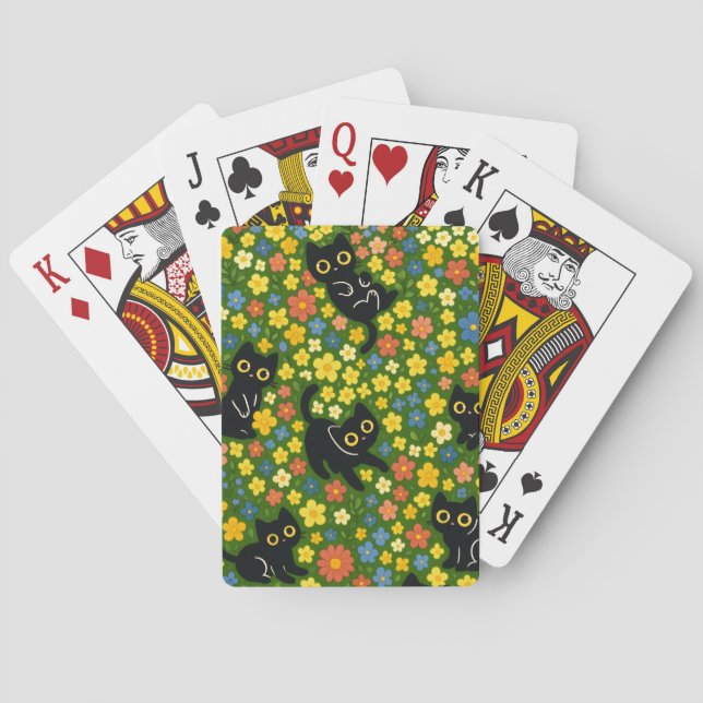 Cute Black Cats Floral Meadow Pattern Playing Cards (Back)