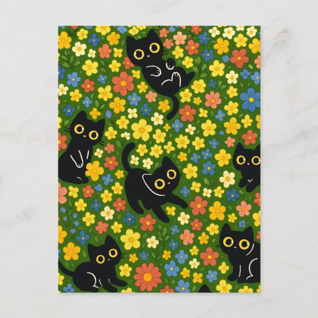 Cute Black Cats Floral Meadow Pattern Postcard (Front)