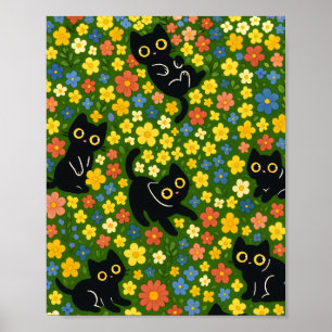 Cute Black Cats Floral Meadow Pattern Poster