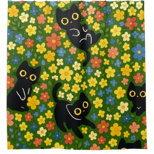 Cute Black Cats Floral Meadow Pattern Shower Curtain (Front)