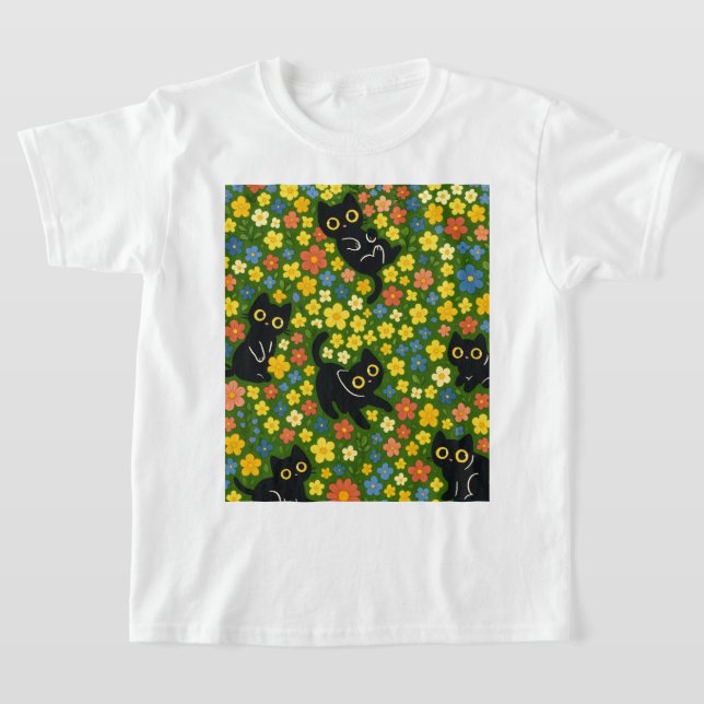 Cute Black Cats Floral Meadow Pattern T-Shirt (Laydown)