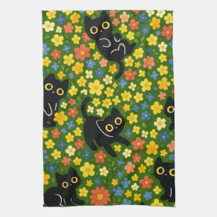 Cute Black Cats Floral Meadow Pattern Tea Towel