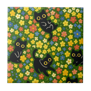 Cute Black Cats Floral Meadow Pattern Tile