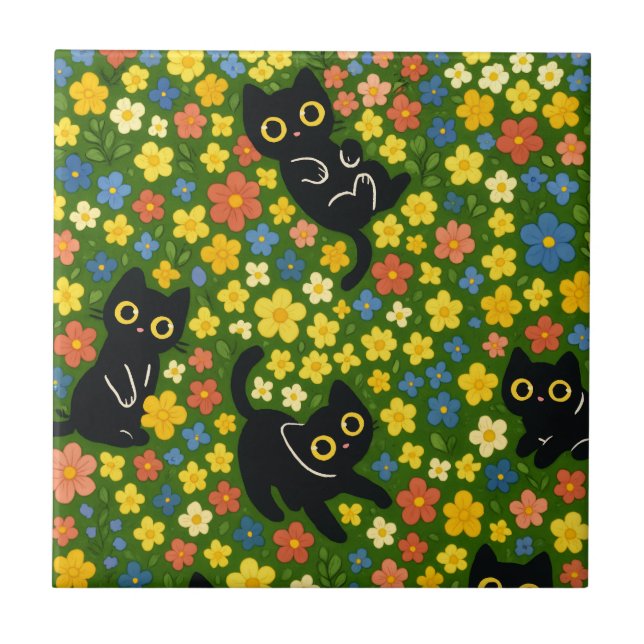 Cute Black Cats Floral Meadow Pattern Tile (Front)