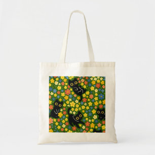 Cute Black Cats Floral Meadow Pattern Tote Bag