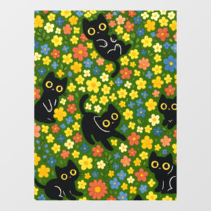 Cute Black Cats Floral Meadow Pattern Window Cling
