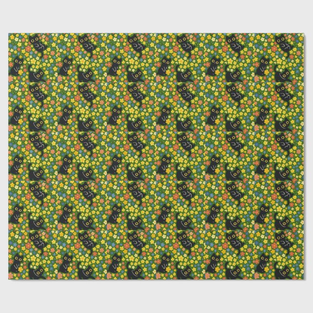 Cute Black Cats Floral Meadow Pattern Wrapping Paper (Flat)