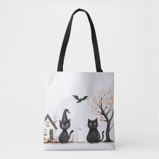 Cute Black Cats Ghost Bat Halloween Tote Bag (Front)