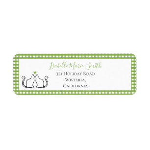 Cute Black Cats Green Heart Gingham Border White