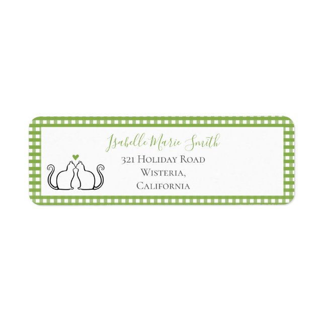 Cute Black Cats Green Heart Gingham Border White (Front)