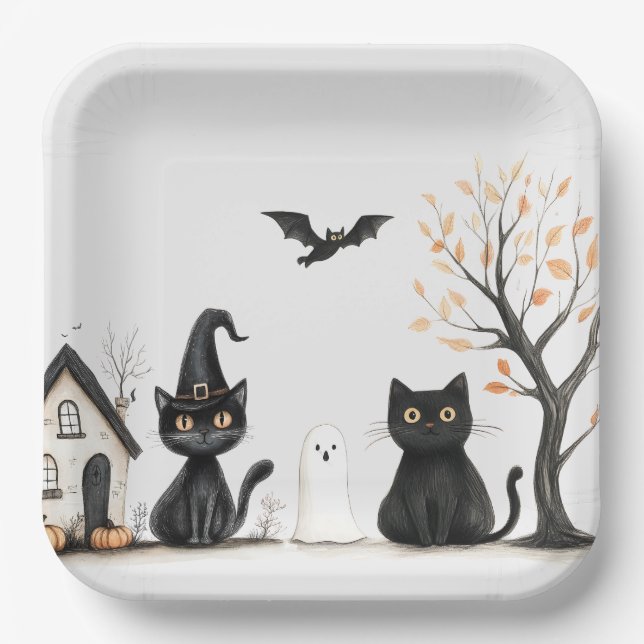 Cute Black Cats Halloween Party Paper Plate (Front)