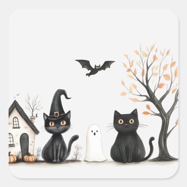 Cute Black Cats Halloween Party Square Sticker (Front)