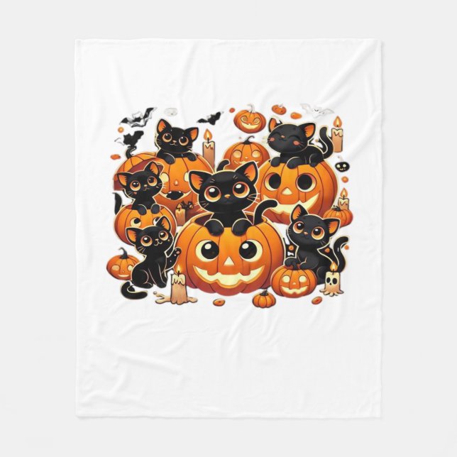 Cute Black Cats in Pumpkins Halloween Night Artwor Fleece Blanket (Front)