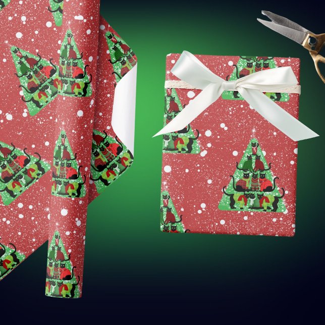 Cute Black Cats in Sweaters Christmas Tree Red  Wrapping Paper (Cute Black cats form a festive Christmas tree wearing their Christmas sweaters)