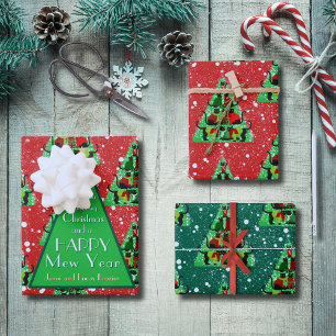 Cute Black Cats in Sweaters Christmas Tree Red Wrapping Paper Sheet